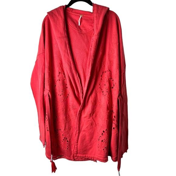 FREE PEOPLE SzS OH PRETTY DAZE EMBROIDERED HOODED KNIT CARDIGAN CORAL EUC - Picture 3 of 10